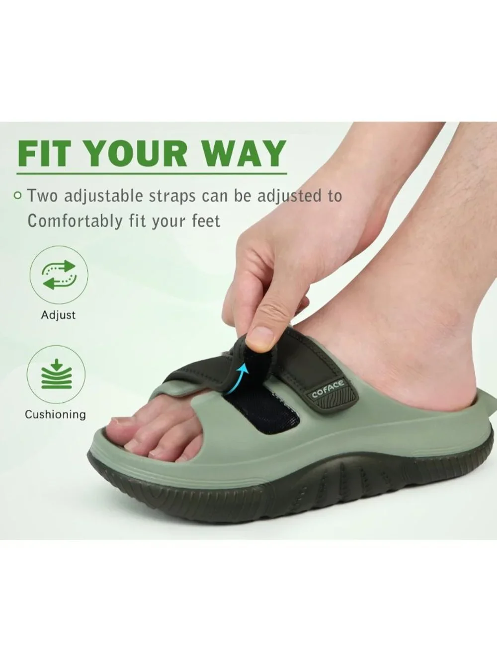 Men's Dark Green Recovery Sandals Orthopaedic Walking Slides Adjustable Thick